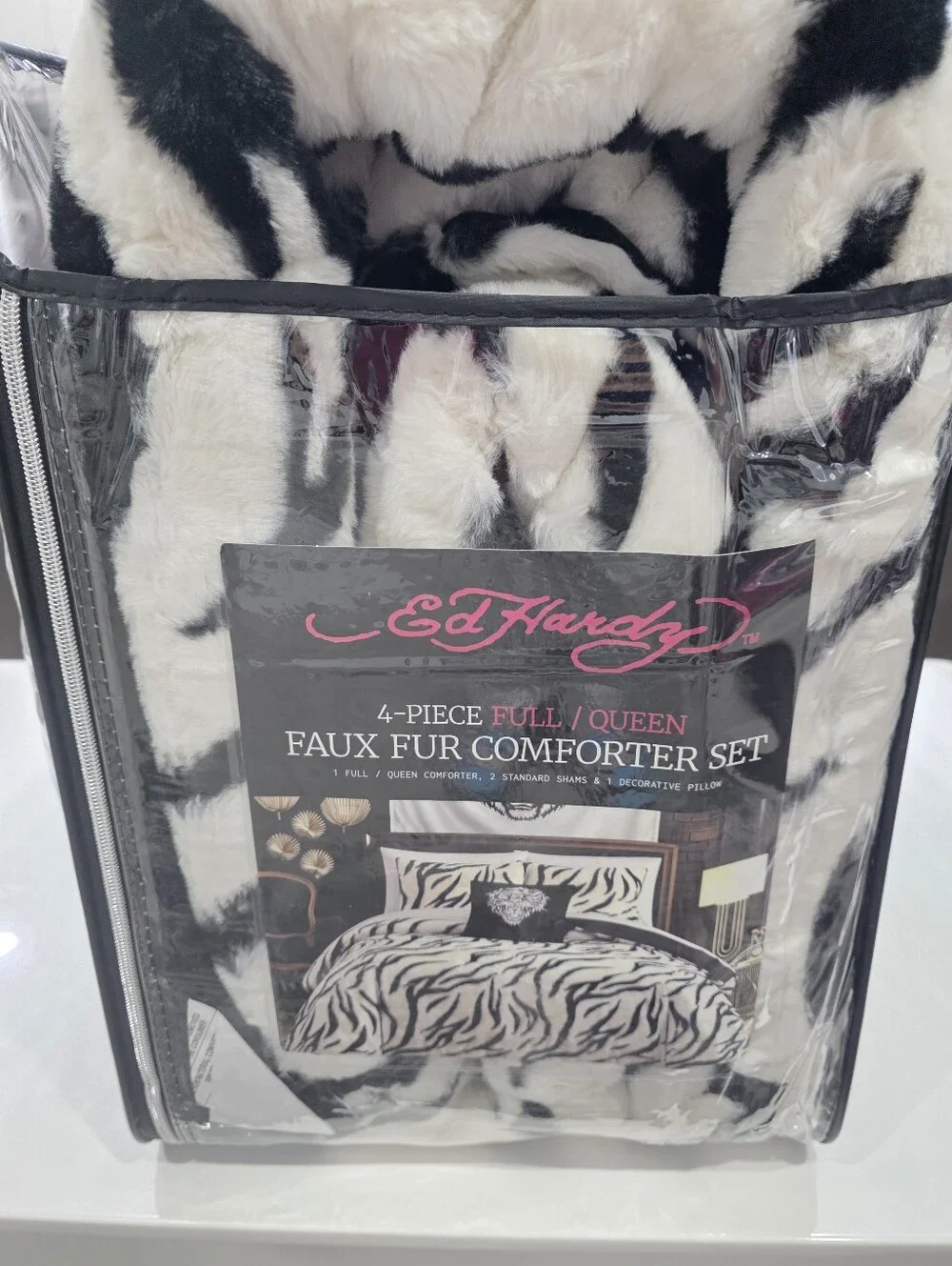 Ed Hardy QUEEN 4 piece Luxe Faux Fur Comforter Set Zebra Print New